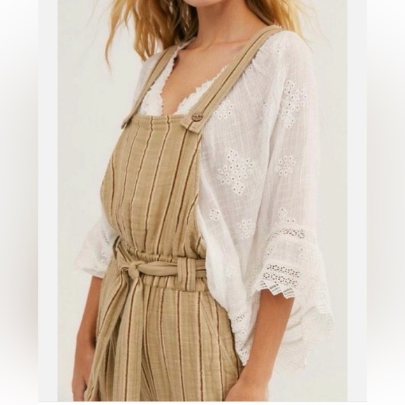 FREE PEOPLE SzL ONE BALLAST STRIPED BELTED OVERALL JUMPSUIT MOSS - Picture 3 of 13